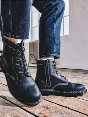 Dr.Martens 1460 Pascal Zip Black Leather Lace Up Boots Mid-Grey Stitching Size8
